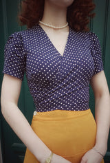 1940s Pinup Wrap Top - Navy Polka